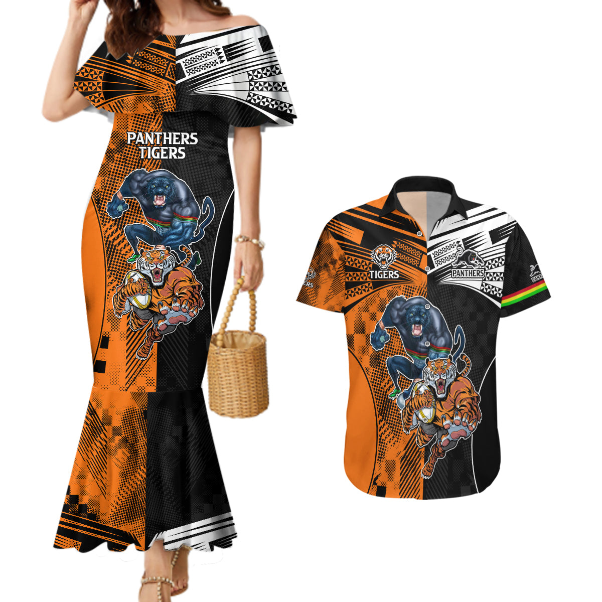 NRL Tigers Combine Panthers Rugby Couples Matching Mermaid Dress and Hawaiian Shirt Sporty Style LT9