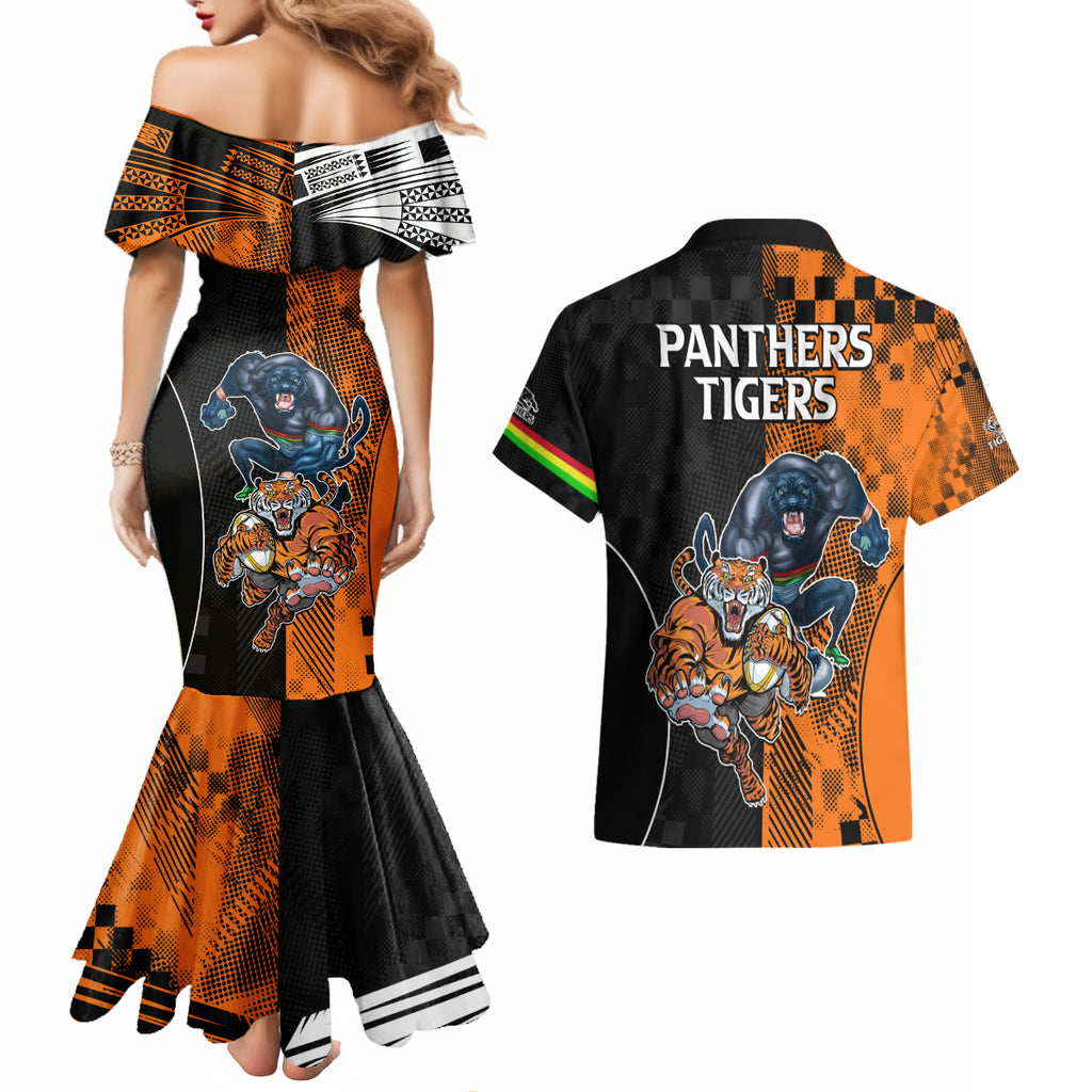 NRL Tigers Combine Panthers Rugby Couples Matching Mermaid Dress and Hawaiian Shirt Sporty Style LT9