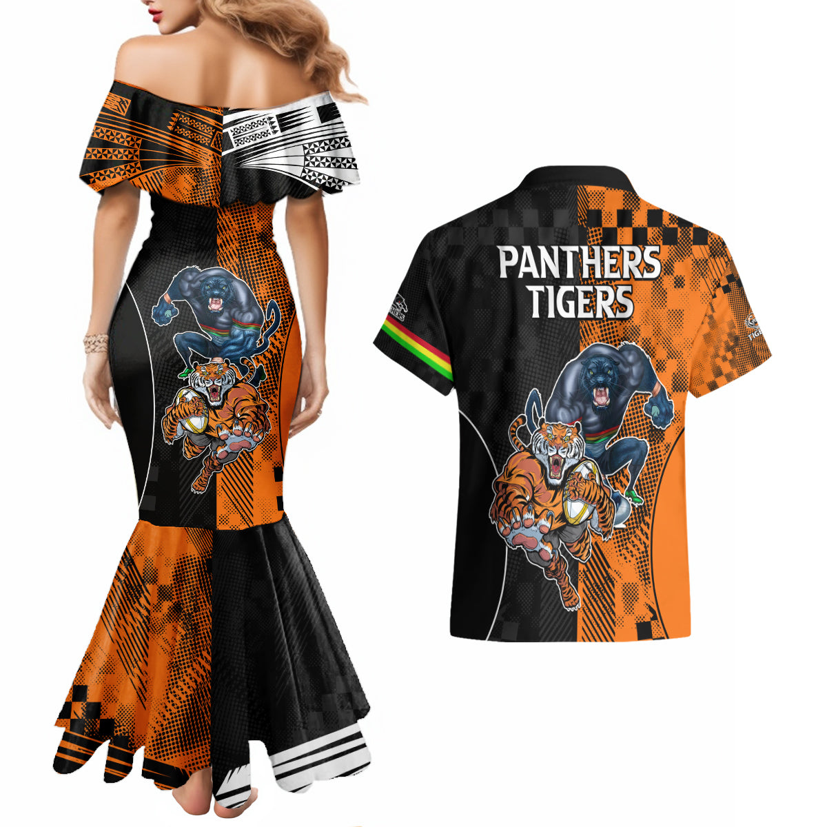 NRL Tigers Combine Panthers Rugby Couples Matching Mermaid Dress and Hawaiian Shirt Sporty Style LT9