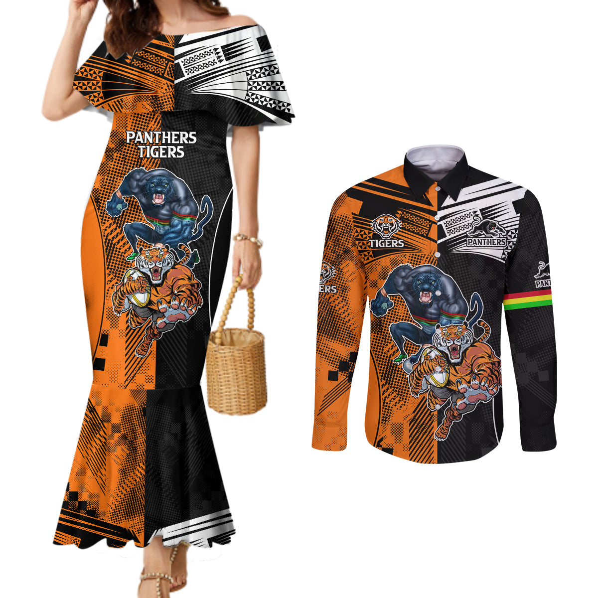 NRL Tigers Combine Panthers Rugby Couples Matching Mermaid Dress and Long Sleeve Button Shirts Sporty Style LT9