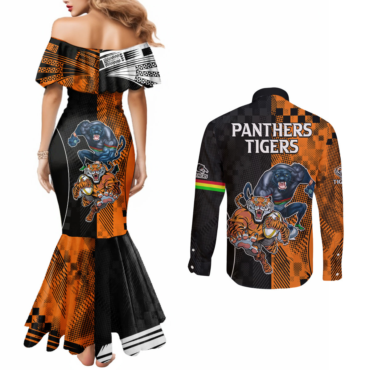 NRL Tigers Combine Panthers Rugby Couples Matching Mermaid Dress and Long Sleeve Button Shirts Sporty Style LT9