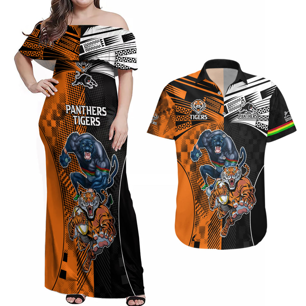 NRL Tigers Combine Panthers Rugby Couples Matching Off Shoulder Maxi Dress and Hawaiian Shirt Sporty Style LT9