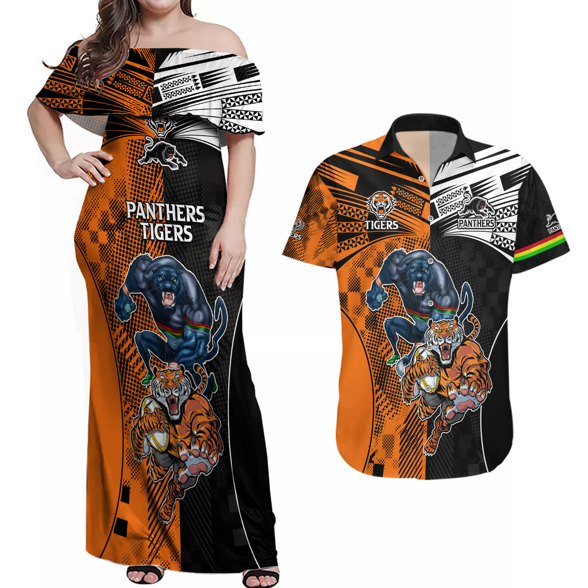 NRL Tigers Combine Panthers Rugby Couples Matching Off Shoulder Maxi Dress and Hawaiian Shirt Sporty Style LT9
