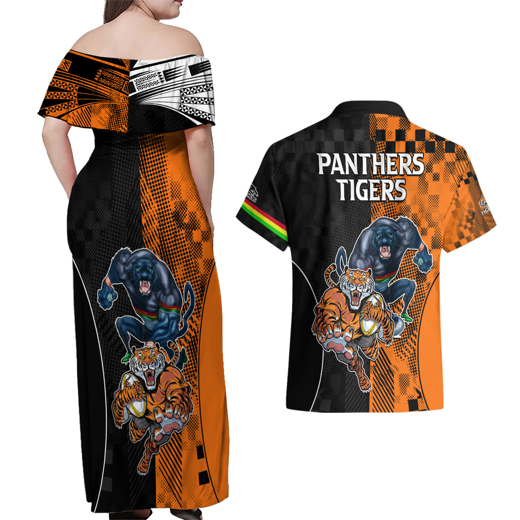 NRL Tigers Combine Panthers Rugby Couples Matching Off Shoulder Maxi Dress and Hawaiian Shirt Sporty Style LT9