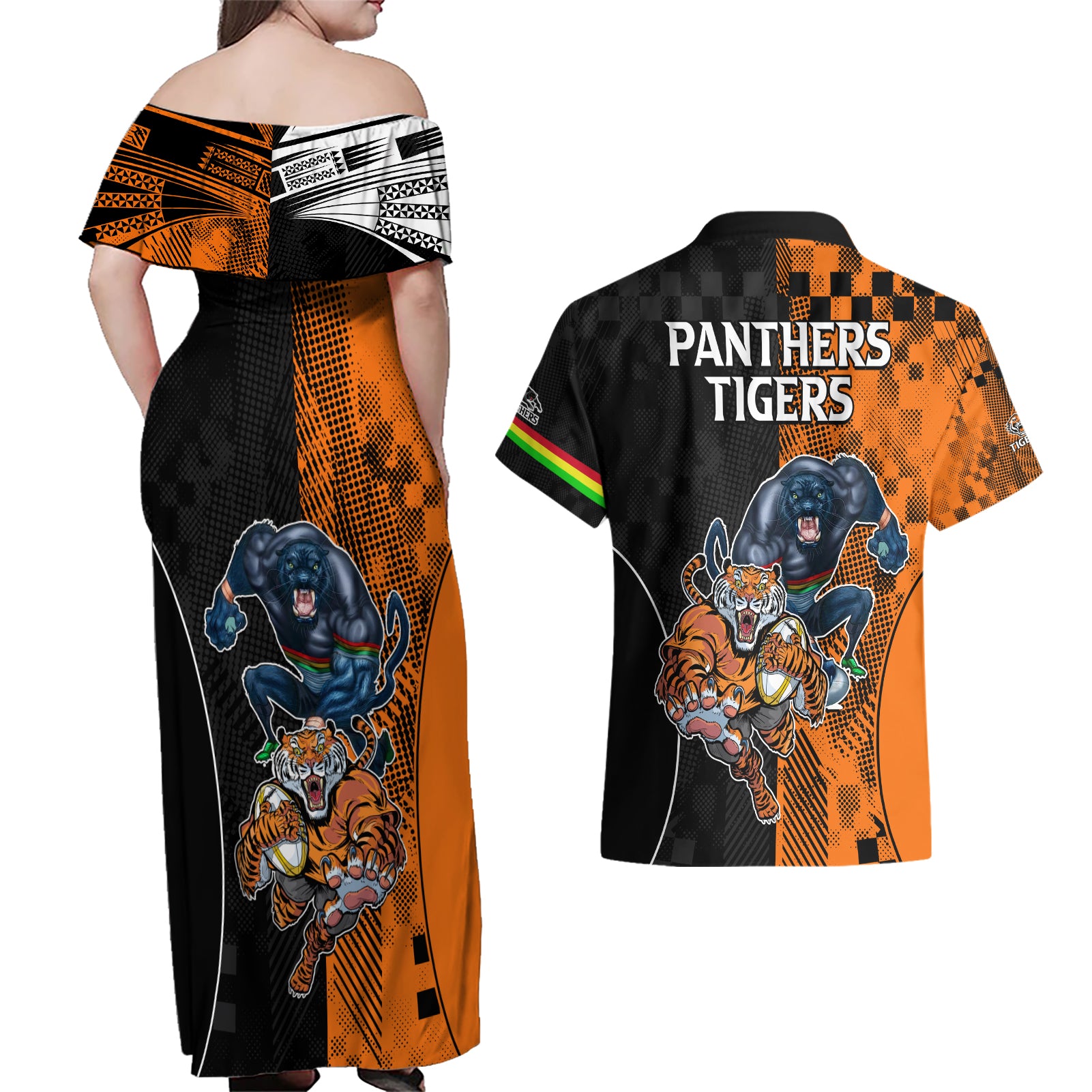 NRL Tigers Combine Panthers Rugby Couples Matching Off Shoulder Maxi Dress and Hawaiian Shirt Sporty Style LT9