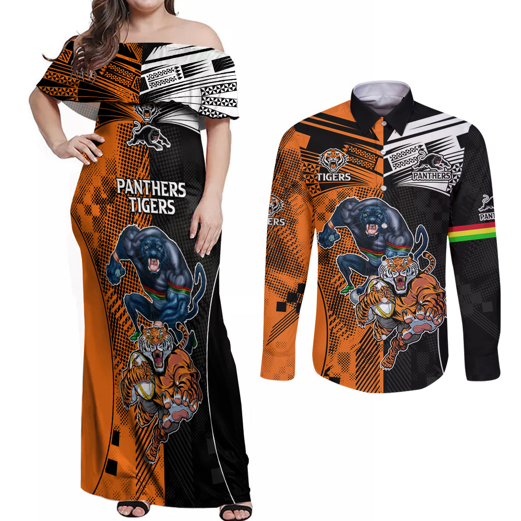 NRL Tigers Combine Panthers Rugby Couples Matching Off Shoulder Maxi Dress and Long Sleeve Button Shirts Sporty Style LT9