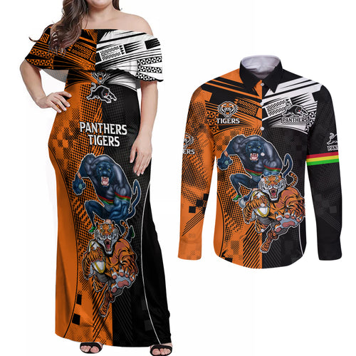 NRL Tigers Combine Panthers Rugby Couples Matching Off Shoulder Maxi Dress and Long Sleeve Button Shirts Sporty Style LT9