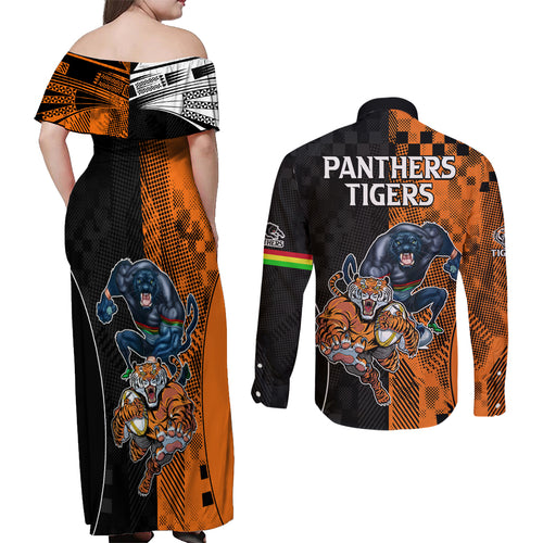 NRL Tigers Combine Panthers Rugby Couples Matching Off Shoulder Maxi Dress and Long Sleeve Button Shirts Sporty Style LT9