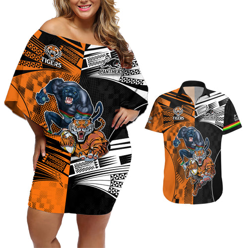 NRL Tigers Combine Panthers Rugby Couples Matching Off Shoulder Short Dress and Hawaiian Shirt Sporty Style LT9