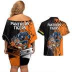 NRL Tigers Combine Panthers Rugby Couples Matching Off Shoulder Short Dress and Hawaiian Shirt Sporty Style LT9