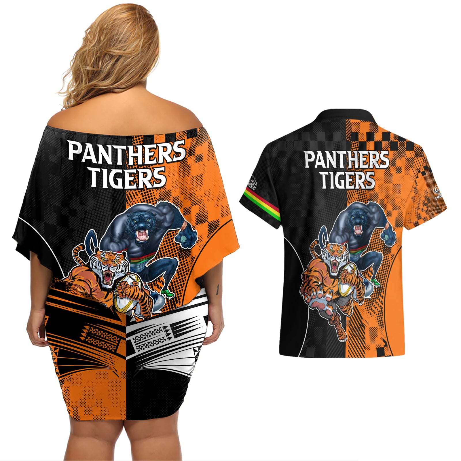 NRL Tigers Combine Panthers Rugby Couples Matching Off Shoulder Short Dress and Hawaiian Shirt Sporty Style LT9