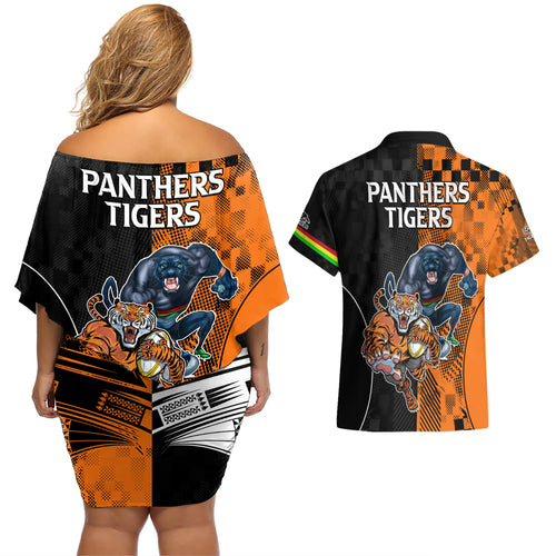 NRL Tigers Combine Panthers Rugby Couples Matching Off Shoulder Short Dress and Hawaiian Shirt Sporty Style LT9