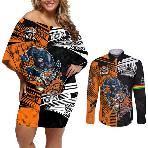NRL Tigers Combine Panthers Rugby Couples Matching Off Shoulder Short Dress and Long Sleeve Button Shirts Sporty Style LT9