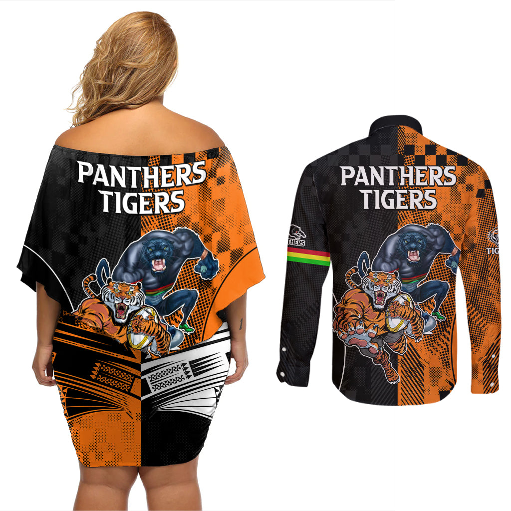 NRL Tigers Combine Panthers Rugby Couples Matching Off Shoulder Short Dress and Long Sleeve Button Shirts Sporty Style LT9