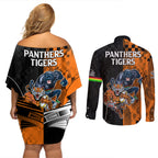 NRL Tigers Combine Panthers Rugby Couples Matching Off Shoulder Short Dress and Long Sleeve Button Shirts Sporty Style LT9