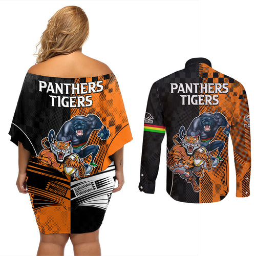 NRL Tigers Combine Panthers Rugby Couples Matching Off Shoulder Short Dress and Long Sleeve Button Shirts Sporty Style LT9