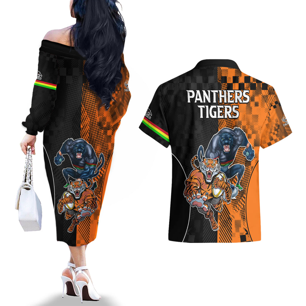 NRL Tigers Combine Panthers Rugby Couples Matching Off The Shoulder Long Sleeve Dress and Hawaiian Shirt Sporty Style LT9