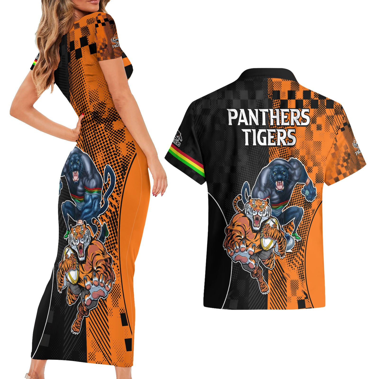 NRL Tigers Combine Panthers Rugby Couples Matching Short Sleeve Bodycon Dress and Hawaiian Shirt Sporty Style LT9