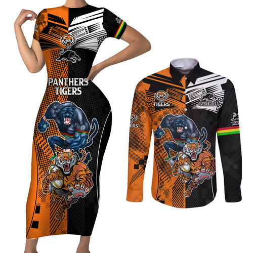 NRL Tigers Combine Panthers Rugby Couples Matching Short Sleeve Bodycon Dress and Long Sleeve Button Shirts Sporty Style LT9