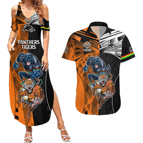 NRL Tigers Combine Panthers Rugby Couples Matching Summer Maxi Dress and Hawaiian Shirt Sporty Style LT9