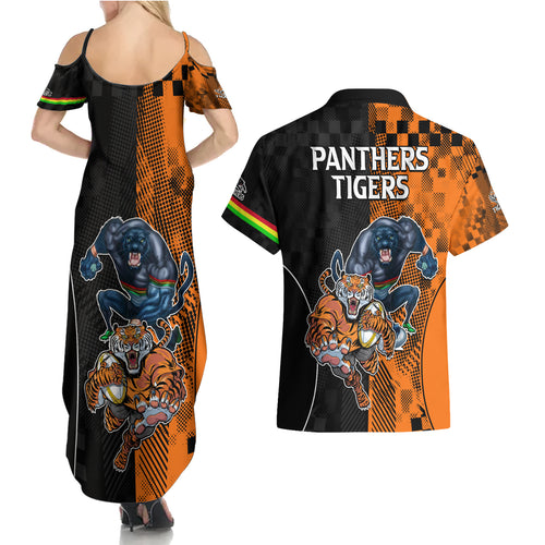 NRL Tigers Combine Panthers Rugby Couples Matching Summer Maxi Dress and Hawaiian Shirt Sporty Style LT9