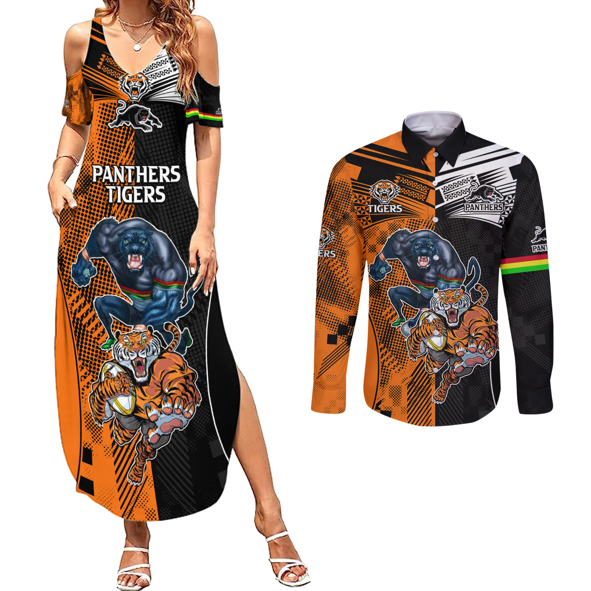 NRL Tigers Combine Panthers Rugby Couples Matching Summer Maxi Dress and Long Sleeve Button Shirts Sporty Style LT9