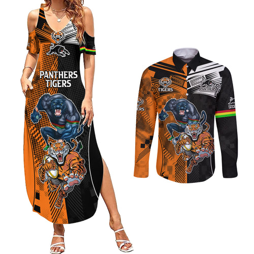 NRL Tigers Combine Panthers Rugby Couples Matching Summer Maxi Dress and Long Sleeve Button Shirts Sporty Style LT9