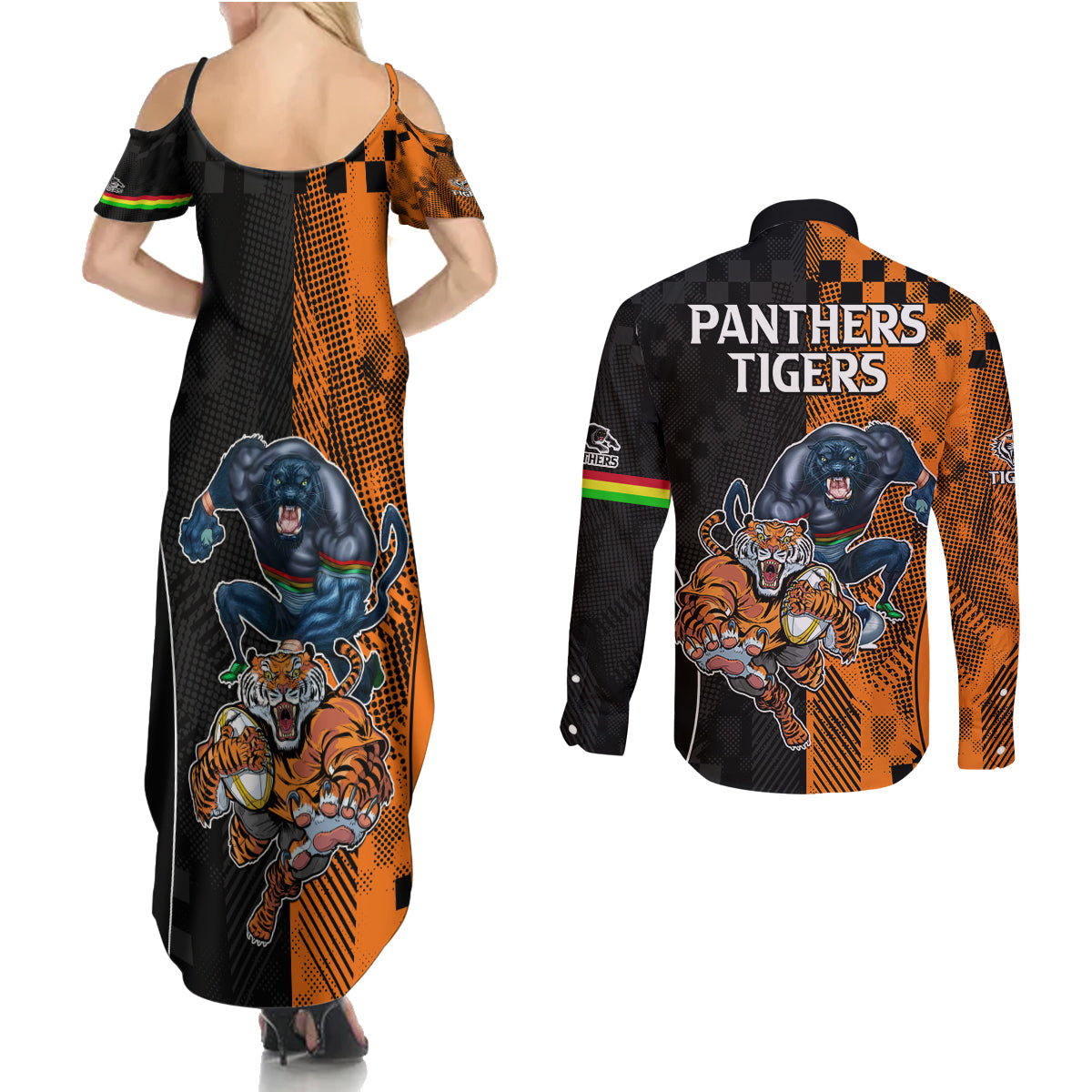 NRL Tigers Combine Panthers Rugby Couples Matching Summer Maxi Dress and Long Sleeve Button Shirts Sporty Style LT9