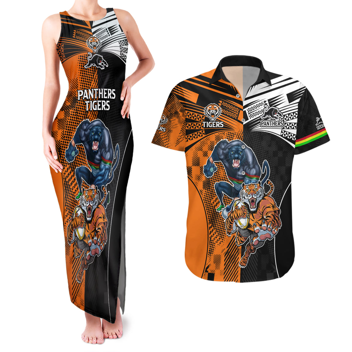 NRL Tigers Combine Panthers Rugby Couples Matching Tank Maxi Dress and Hawaiian Shirt Sporty Style LT9