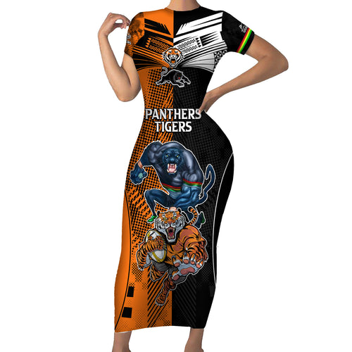 NRL Tigers Combine Panthers Rugby Family Matching Short Sleeve Bodycon Dress and Hawaiian Shirt Sporty Style LT9
