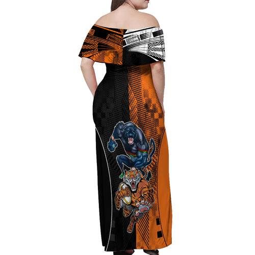 NRL Tigers Combine Panthers Rugby Off Shoulder Maxi Dress Sporty Style LT9