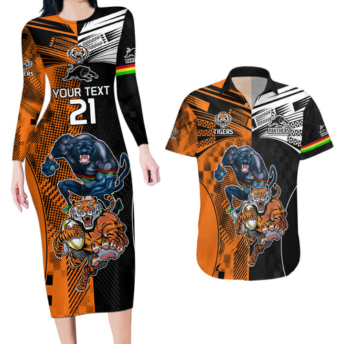 Custom NRL Tigers Combine Panthers Rugby Couples Matching Long Sleeve Bodycon Dress and Hawaiian Shirt Sporty Style LT9