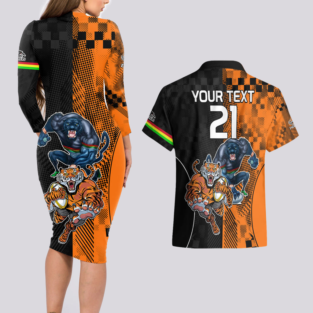 Custom NRL Tigers Combine Panthers Rugby Couples Matching Long Sleeve Bodycon Dress and Hawaiian Shirt Sporty Style LT9