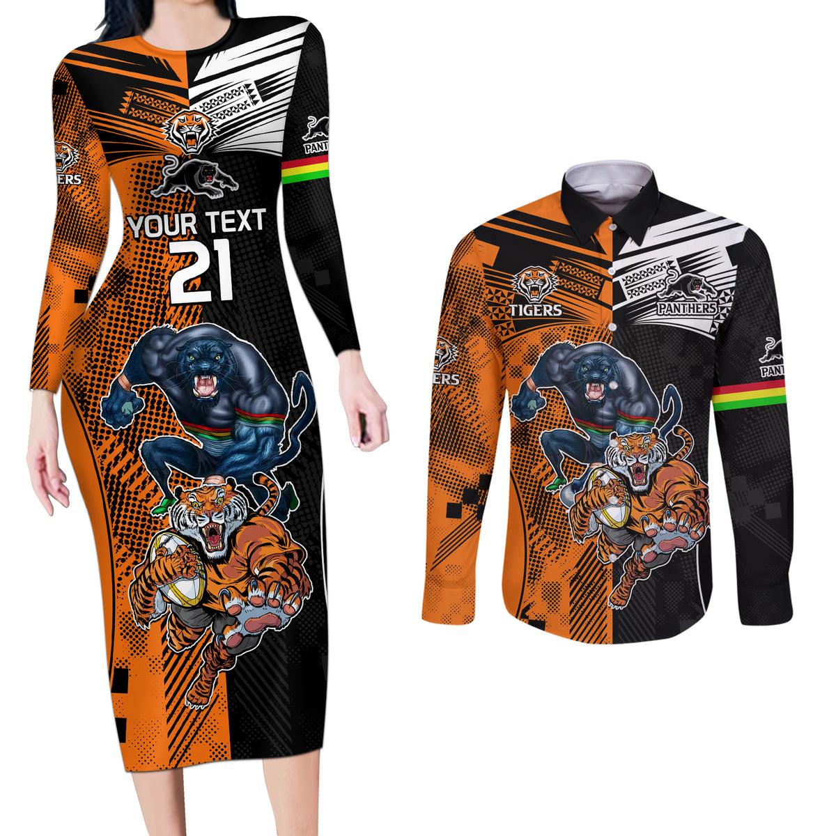 Custom NRL Tigers Combine Panthers Rugby Couples Matching Long Sleeve Bodycon Dress and Long Sleeve Button Shirts Sporty Style LT9