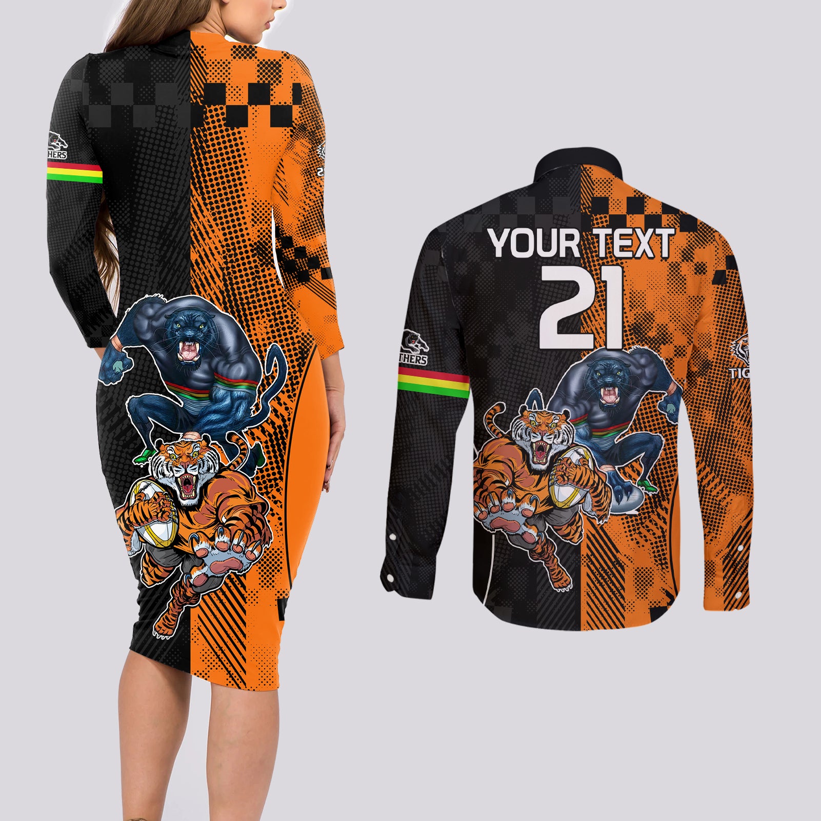 Custom NRL Tigers Combine Panthers Rugby Couples Matching Long Sleeve Bodycon Dress and Long Sleeve Button Shirts Sporty Style LT9