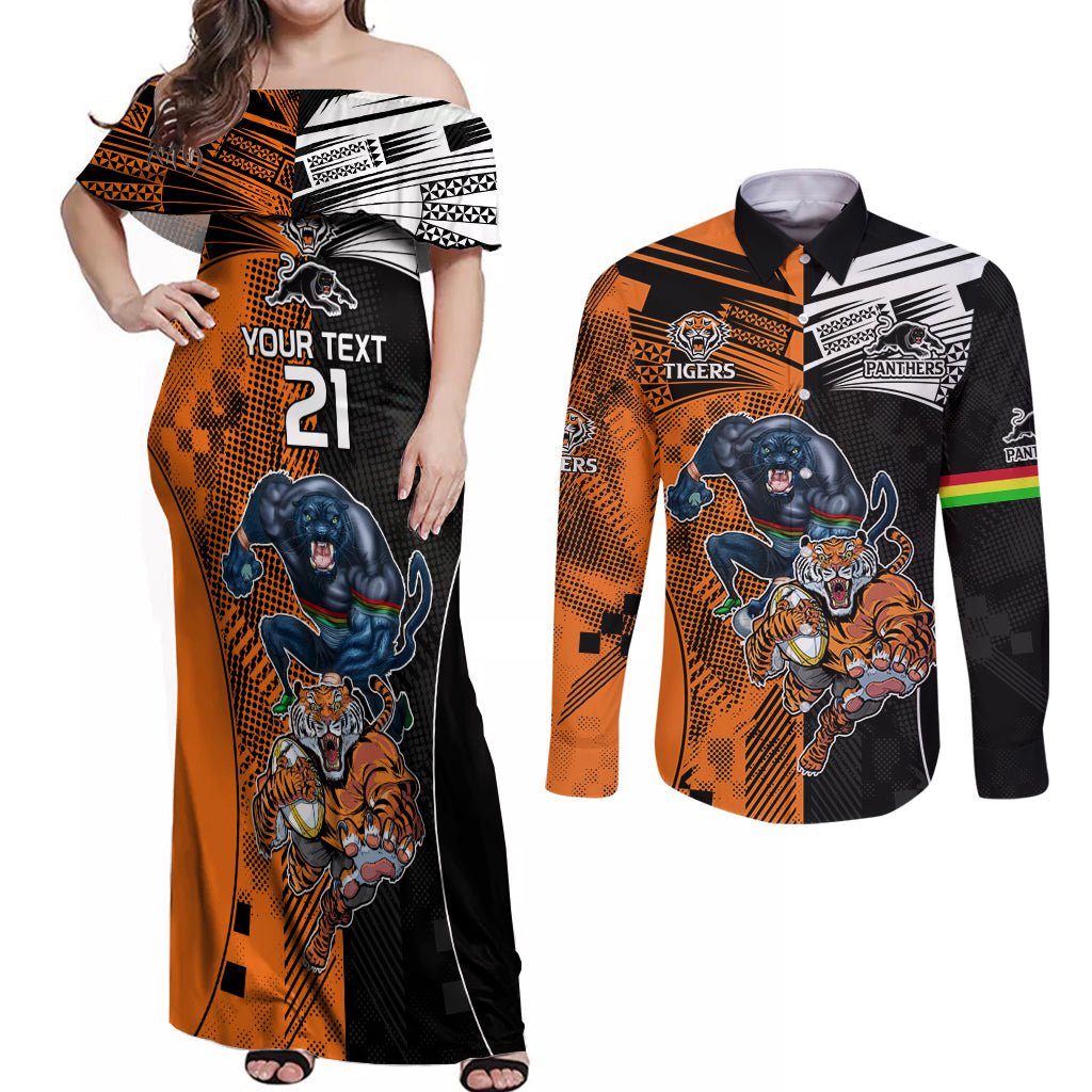 Custom NRL Tigers Combine Panthers Rugby Couples Matching Off Shoulder Maxi Dress and Long Sleeve Button Shirts Sporty Style LT9