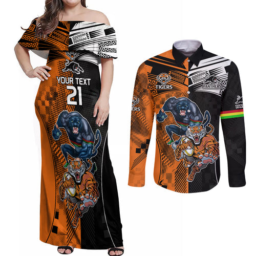 Custom NRL Tigers Combine Panthers Rugby Couples Matching Off Shoulder Maxi Dress and Long Sleeve Button Shirts Sporty Style LT9