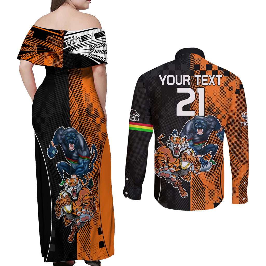 Custom NRL Tigers Combine Panthers Rugby Couples Matching Off Shoulder Maxi Dress and Long Sleeve Button Shirts Sporty Style LT9