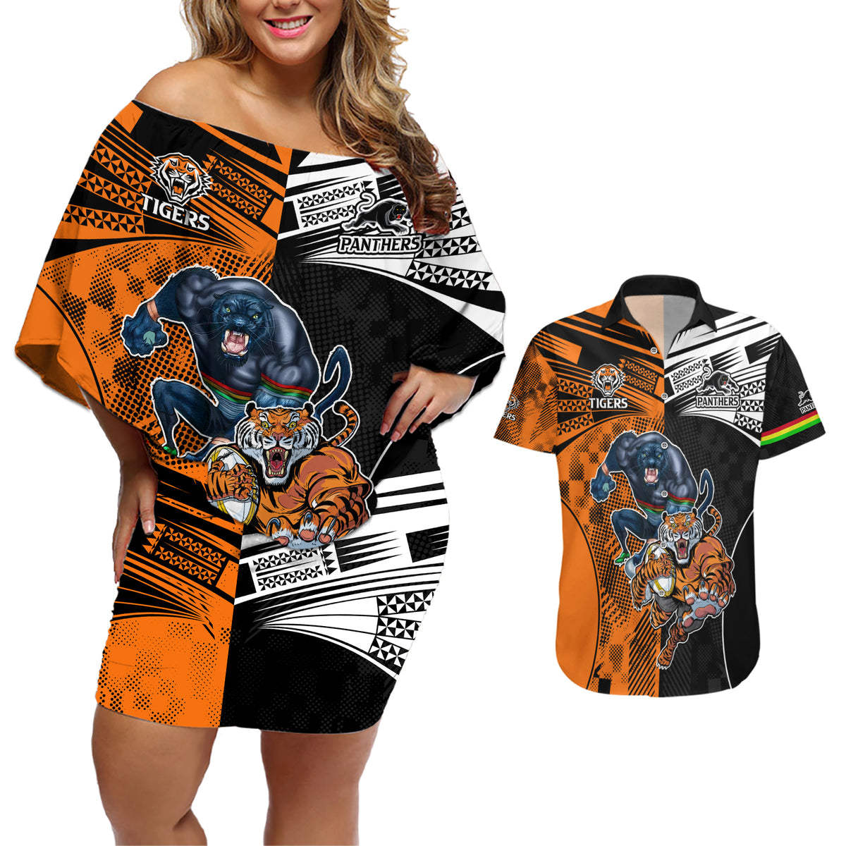 Custom NRL Tigers Combine Panthers Rugby Couples Matching Off Shoulder Short Dress and Hawaiian Shirt Sporty Style LT9