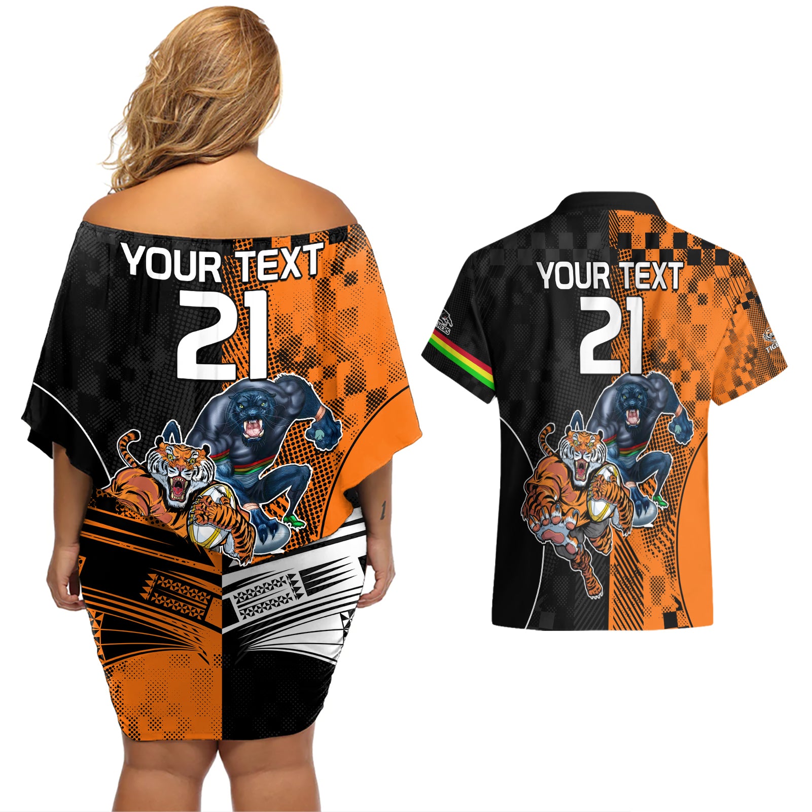 Custom NRL Tigers Combine Panthers Rugby Couples Matching Off Shoulder Short Dress and Hawaiian Shirt Sporty Style LT9
