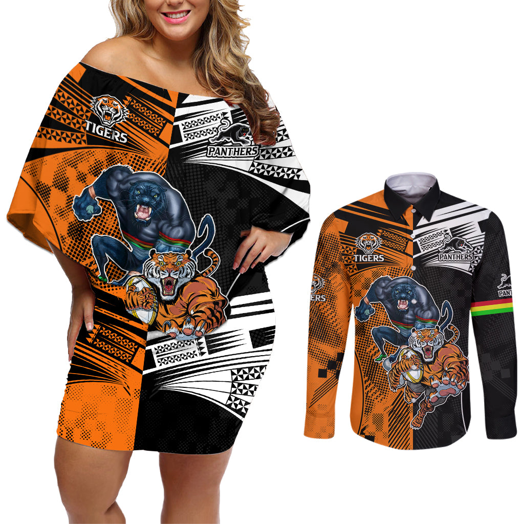 Custom NRL Tigers Combine Panthers Rugby Couples Matching Off Shoulder Short Dress and Long Sleeve Button Shirts Sporty Style LT9