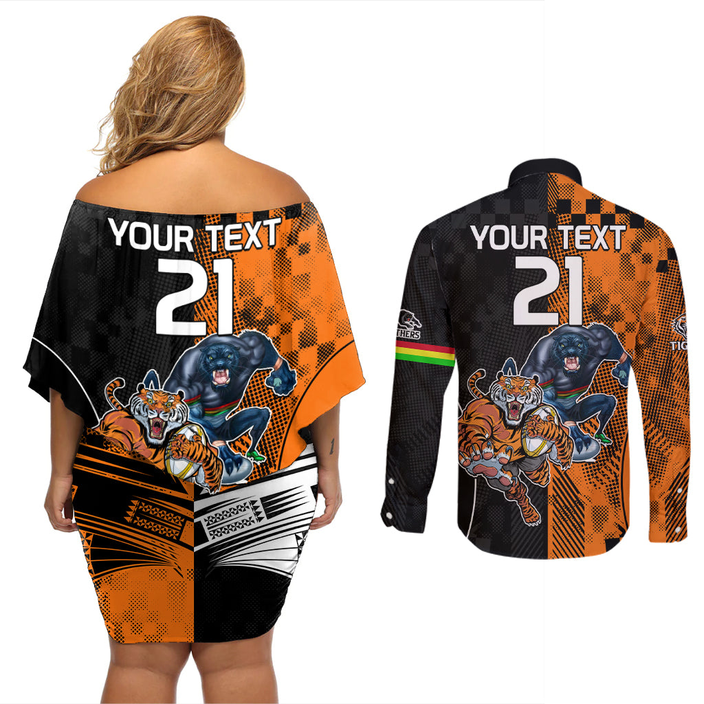 Custom NRL Tigers Combine Panthers Rugby Couples Matching Off Shoulder Short Dress and Long Sleeve Button Shirts Sporty Style LT9