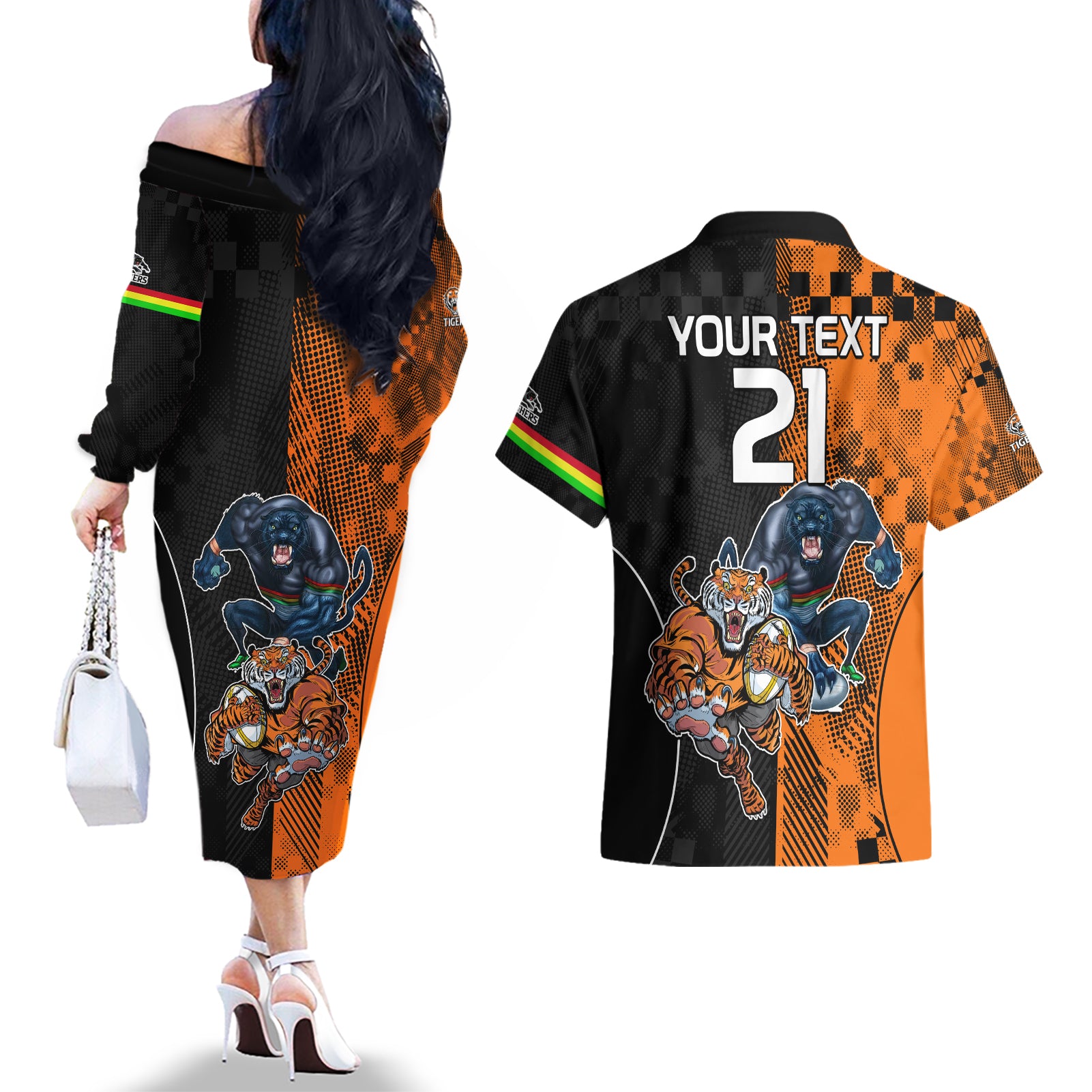 Custom NRL Tigers Combine Panthers Rugby Couples Matching Off The Shoulder Long Sleeve Dress and Hawaiian Shirt Sporty Style LT9
