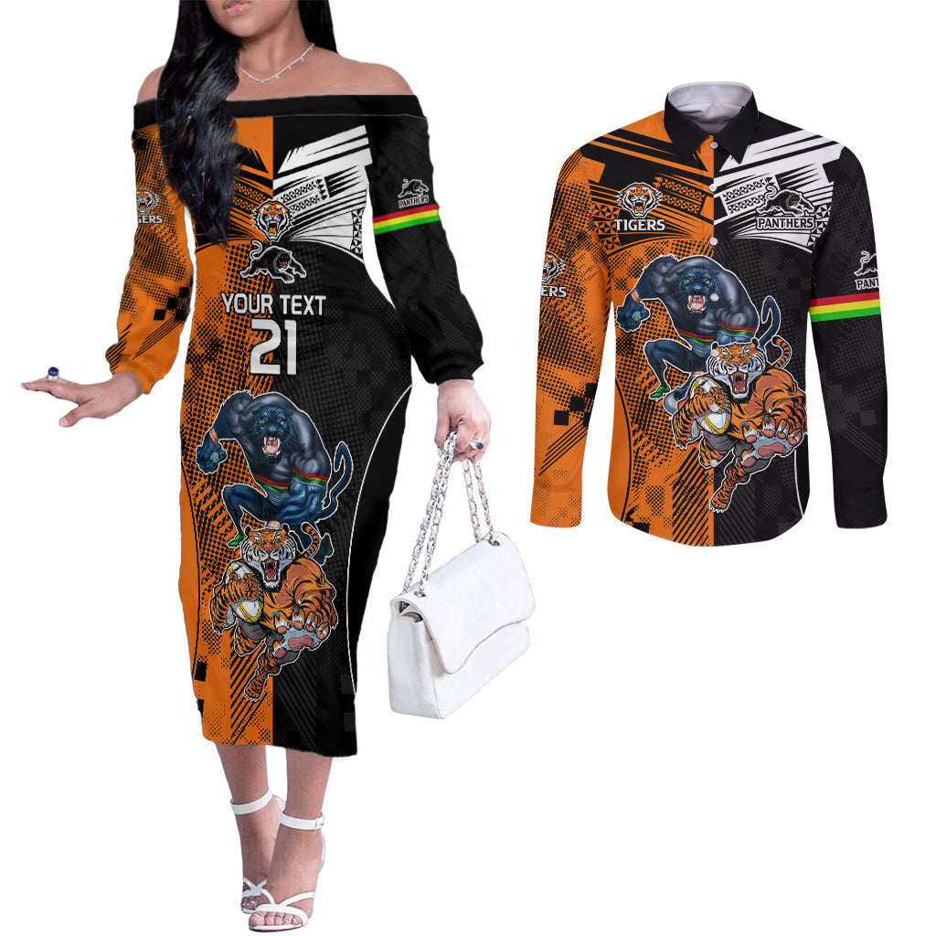 Custom NRL Tigers Combine Panthers Rugby Couples Matching Off The Shoulder Long Sleeve Dress and Long Sleeve Button Shirts Sporty Style LT9