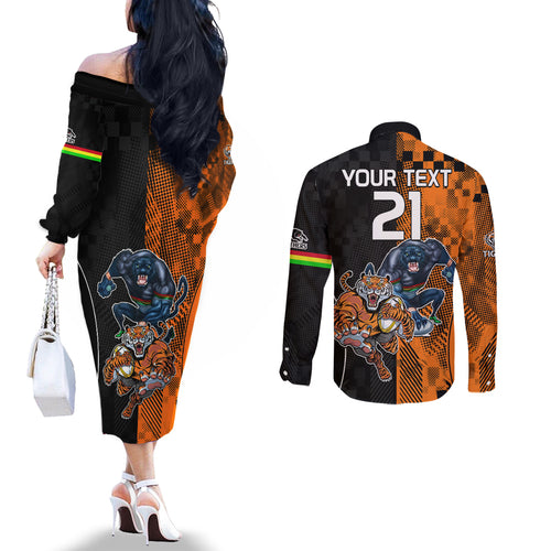 Custom NRL Tigers Combine Panthers Rugby Couples Matching Off The Shoulder Long Sleeve Dress and Long Sleeve Button Shirts Sporty Style LT9