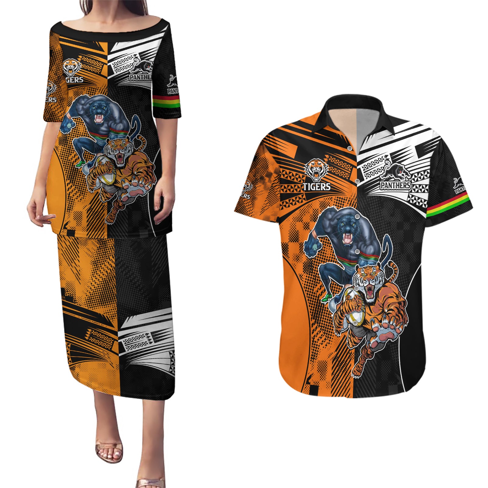 Custom NRL Tigers Combine Panthers Rugby Couples Matching Puletasi Dress and Hawaiian Shirt Sporty Style LT9