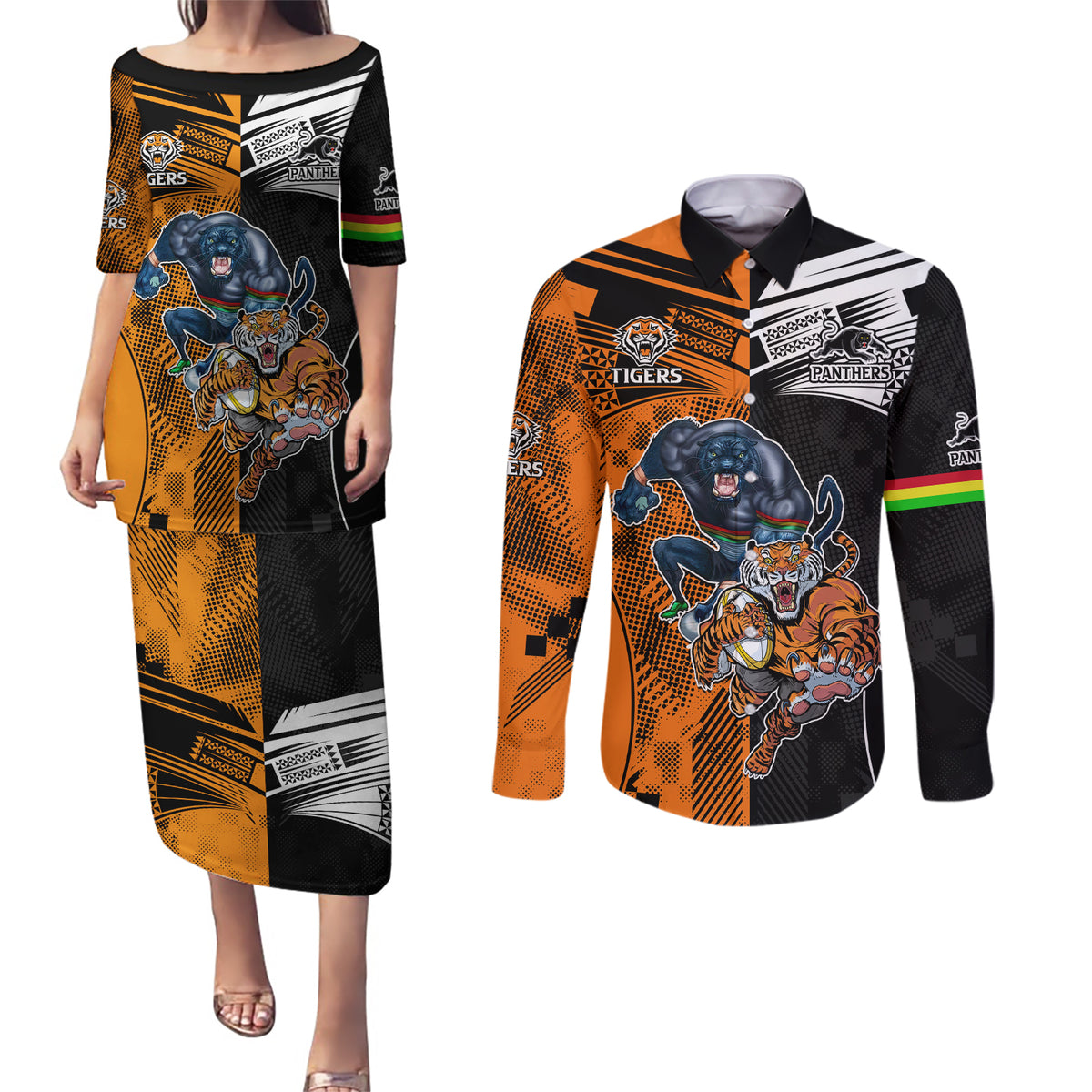 Custom NRL Tigers Combine Panthers Rugby Couples Matching Puletasi Dress and Long Sleeve Button Shirts Sporty Style LT9