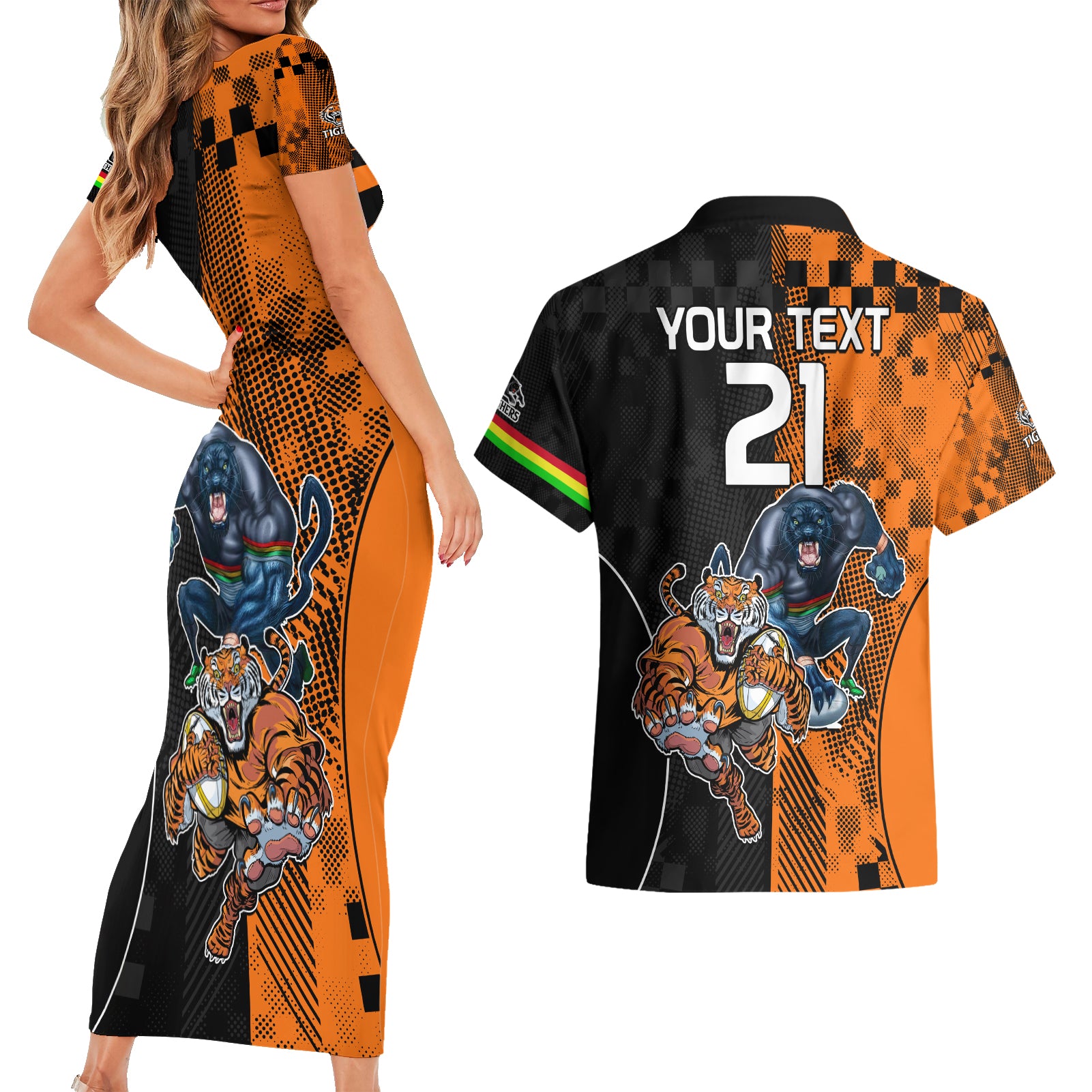 Custom NRL Tigers Combine Panthers Rugby Couples Matching Short Sleeve Bodycon Dress and Hawaiian Shirt Sporty Style LT9