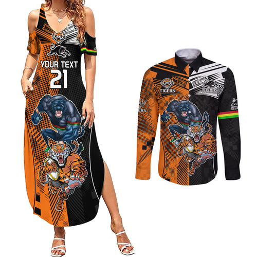 Custom NRL Tigers Combine Panthers Rugby Couples Matching Summer Maxi Dress and Long Sleeve Button Shirts Sporty Style LT9