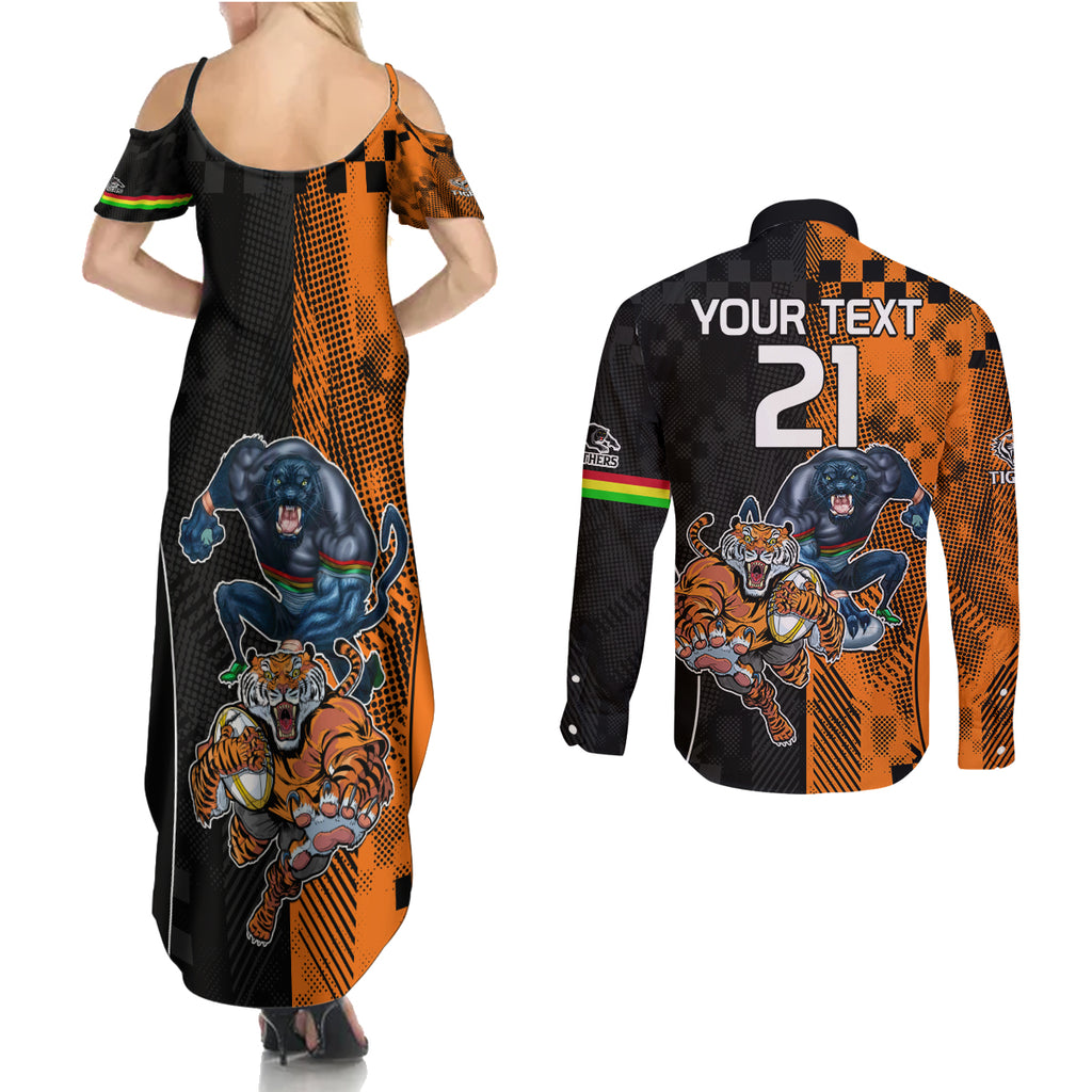 Custom NRL Tigers Combine Panthers Rugby Couples Matching Summer Maxi Dress and Long Sleeve Button Shirts Sporty Style LT9
